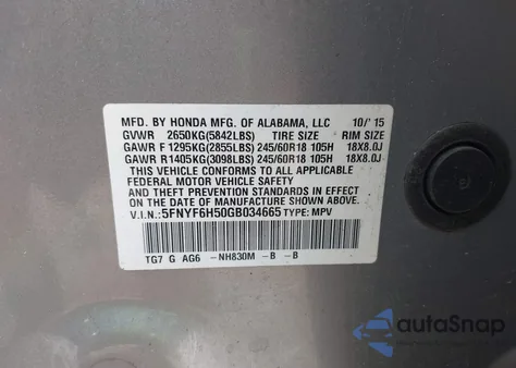 2016 Honda Pilot Ex-L from USA, damaged, VIN 5FNYF6H50GB034665